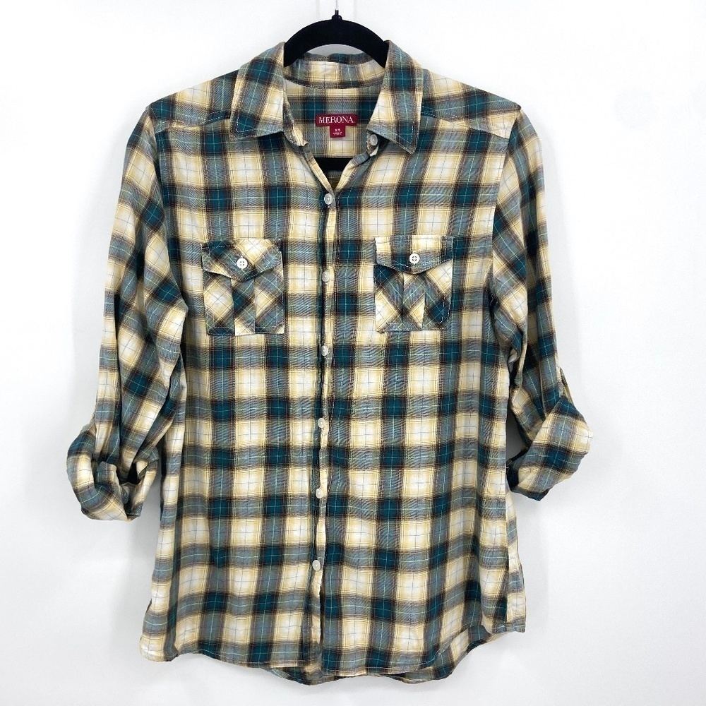 MERONA Women's Blue Yellow Plaid Button Up Long Sleeve Collared Top Size XS